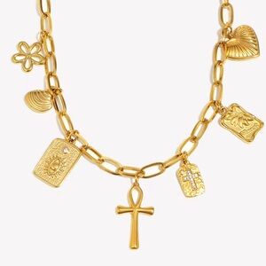 Gold Charm Necklace with Cross and Shell Pendants